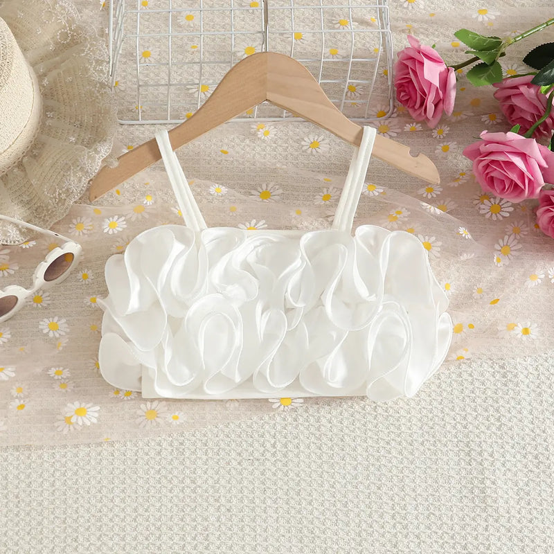 Girls Floral Applique Sleeveless Crop Top With Pink Skirt Sets Sets