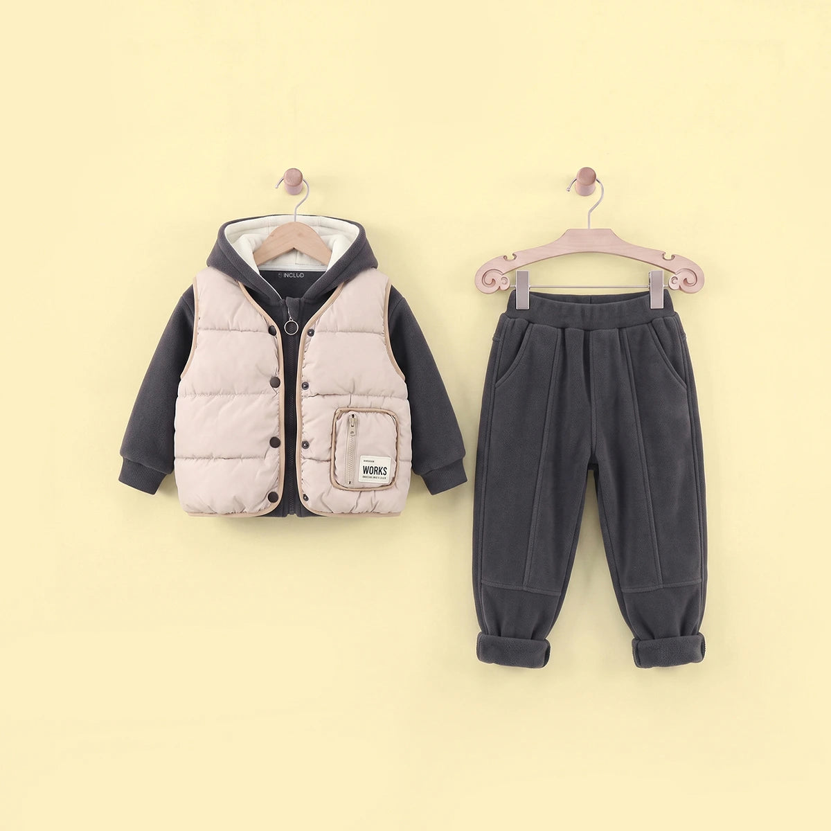 Boys Grey Fleece Hooded Zipper Jacket With Puffer Vest & Jogger Sets Sets Grey 1-2 Y
