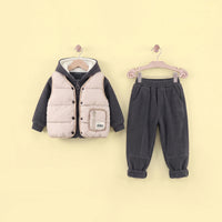 Boys Grey Fleece Hooded Zipper Jacket With Puffer Vest & Jogger Sets Sets Grey 1-2 Y