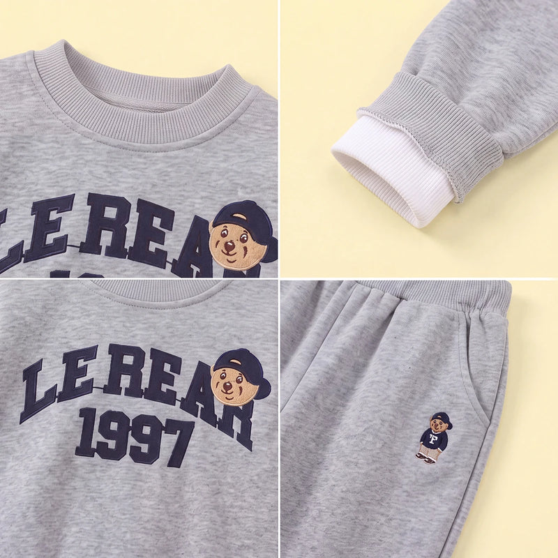 Boys Grey Typographic Embroidered Sweatshirt With Pants Set 2 pc. Sets