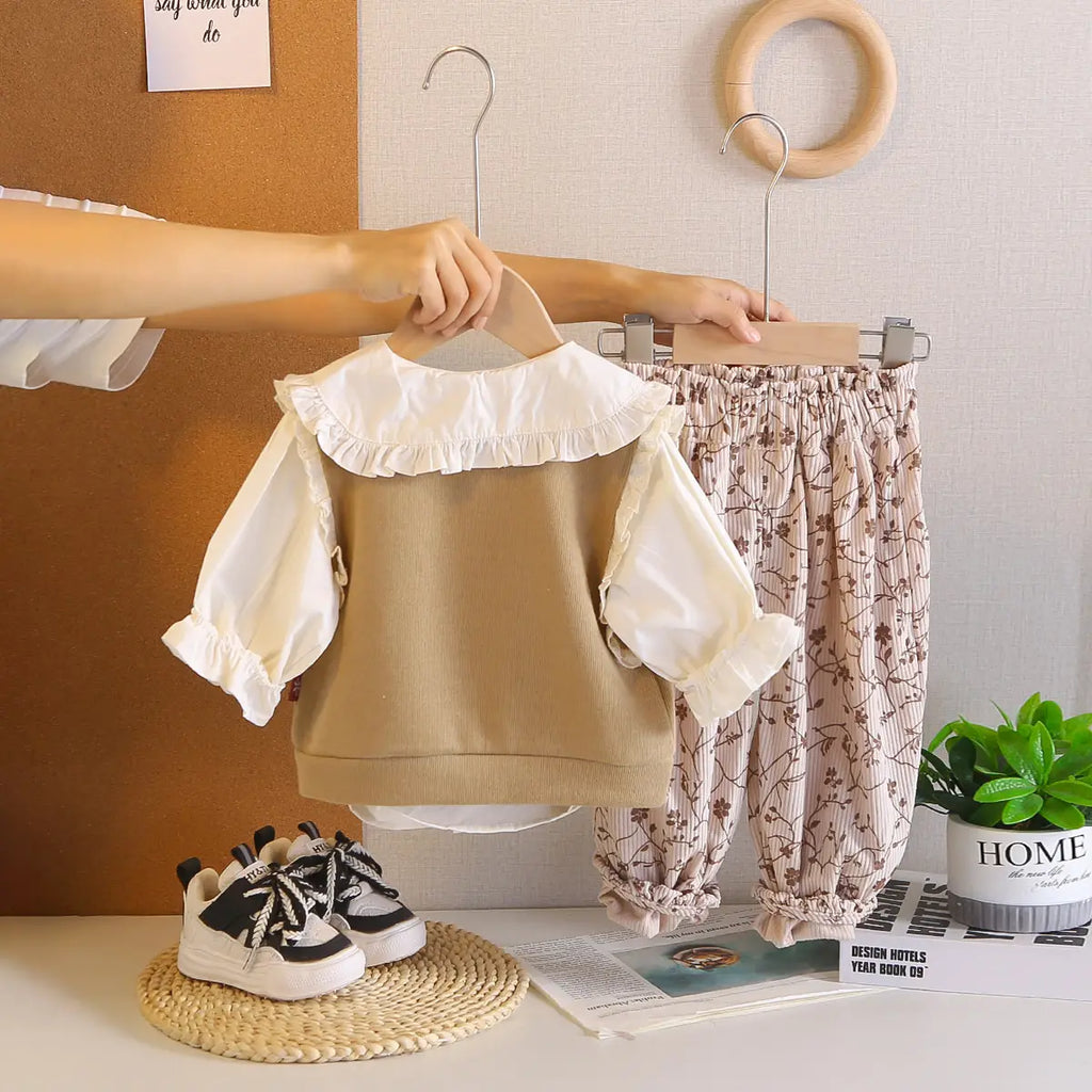 Girls Khaki Knit Button-up Vest With Top & Printed Jogger Sets Sets