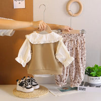 Girls Khaki Knit Button-up Vest With Top & Printed Jogger Sets Sets