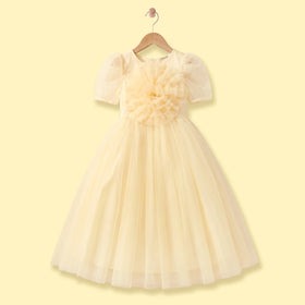 Girls Yellow Floral Applique Puff Sleeve Fit & Flare Party Dress Party Dresses Yellow 1-2 Y