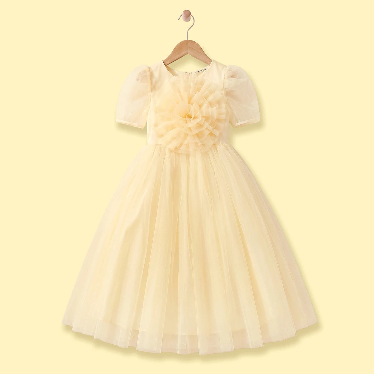 Girls Yellow Floral Applique Puff Sleeve Fit & Flare Party Dress Party Dresses Yellow 1-2 Y