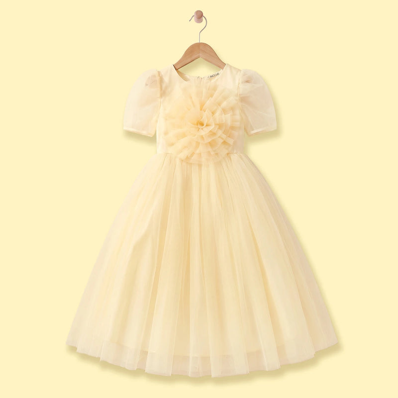 Girls Yellow Floral Applique Puff Sleeve Fit & Flare Party Dress Party Dresses Yellow 1-2 Y