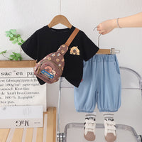 Boys Black Short Sleeves T-Shirt With Denim Pants And Sling Bag Set 3 pc. Sets