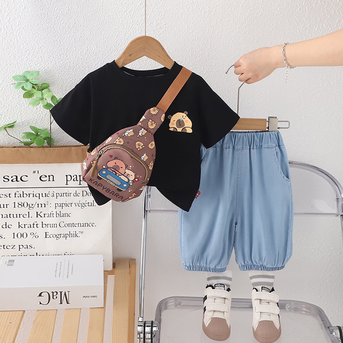 Boys Black Short Sleeves T-Shirt With Denim Pants And Sling Bag Set 3 pc. Sets