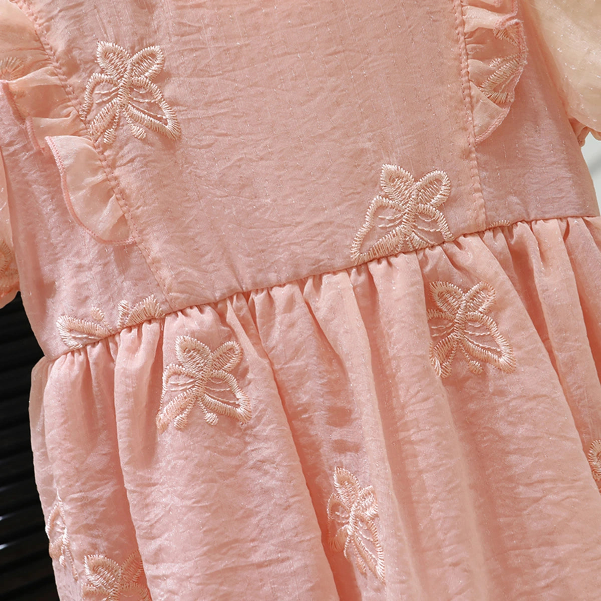 Girls Pink Embroidered Fit & Flare Dress With Puff Sleeves Casual Dresses