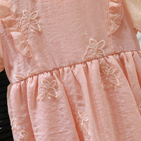 Girls Pink Embroidered Fit & Flare Dress With Puff Sleeves Casual Dresses