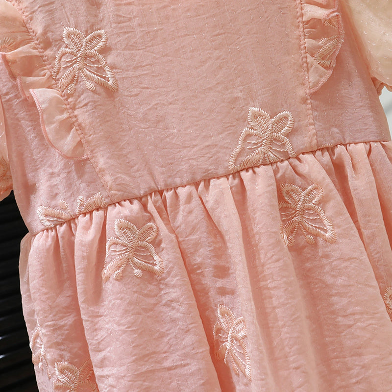 Girls Pink Embroidered Fit & Flare Dress With Puff Sleeves Casual Dresses