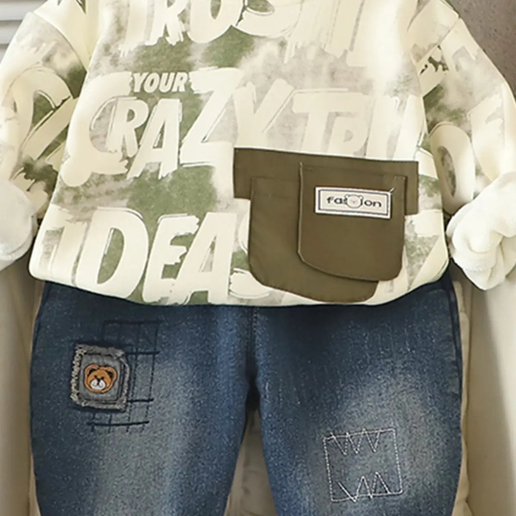 Boys Green Typographic Regular Sweatshirt With Denim Trousers Sets 2 pc. Sets