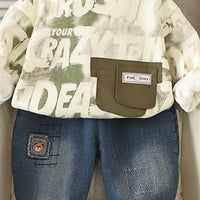 Boys Green Typographic Regular Sweatshirt With Denim Trousers Sets 2 pc. Sets