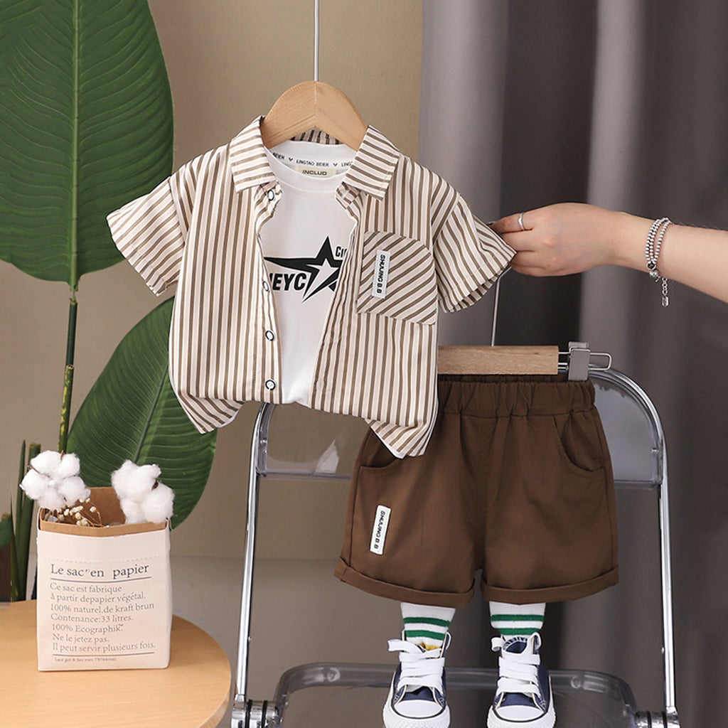 Boys Striped Shirt With T-Shirt And Shorts
