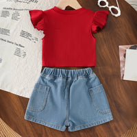 Girls Maroon Pearl Embellished Top With Denim Shorts Set Sets
