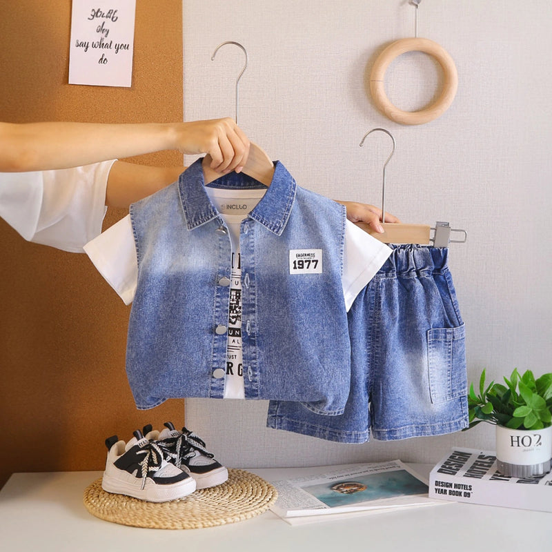 Boys Dark Blue Light Wash Denim Vest With Short Sleeve T-Shirt And Denim Shorts Sets 3 pc. Sets Dark Blue 1-2 Y