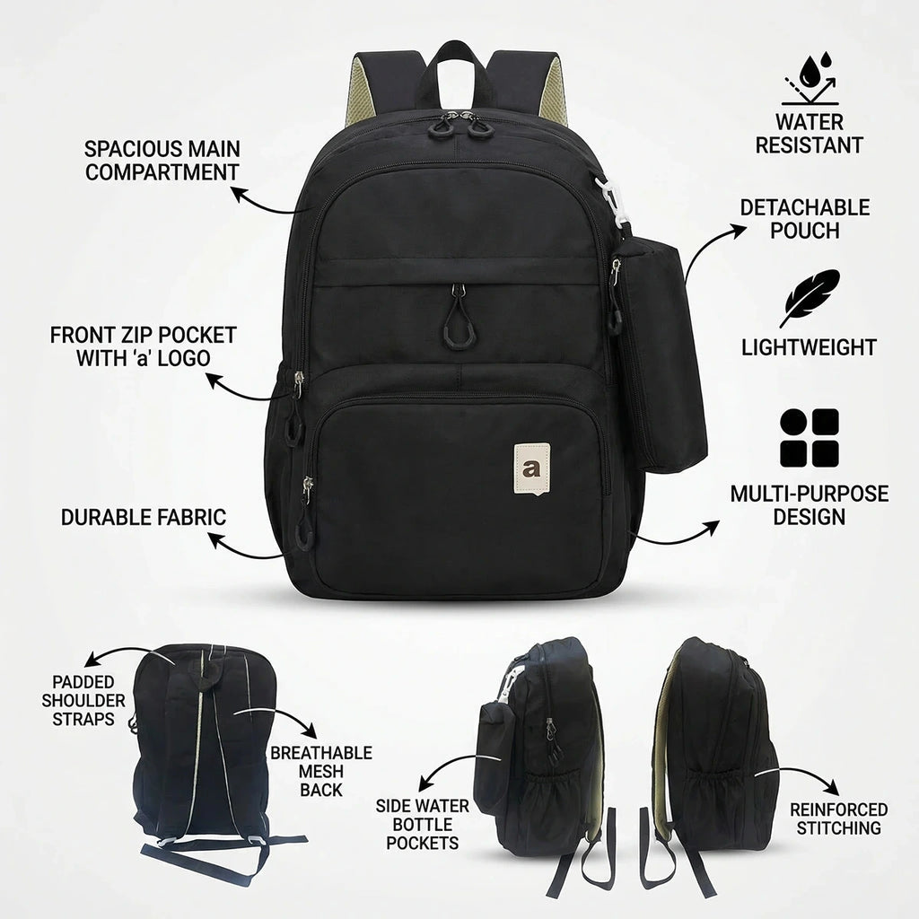 Kids Black Multi-Compartment School Backpack with Side Pouch Trending Accessories
