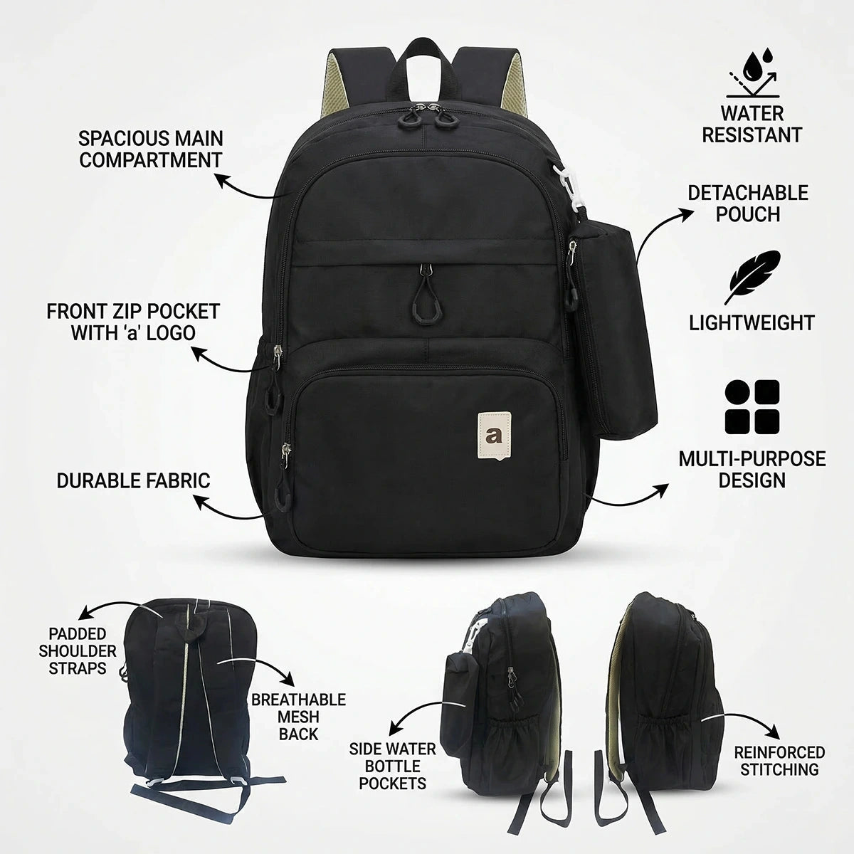 Kids Black Multi-Compartment School Backpack with Side Pouch Trending Accessories