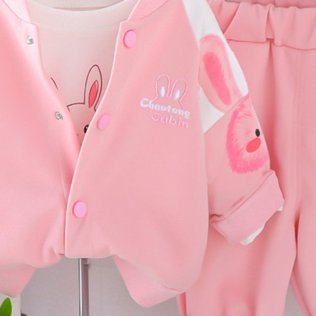 Girls Pink Rabbit Printed Long Sleeve Jacket With T-Shirt & Joggers Set Sets