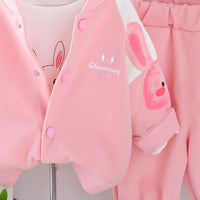 Girls Pink Rabbit Printed Long Sleeve Jacket With T-Shirt & Joggers Set Sets