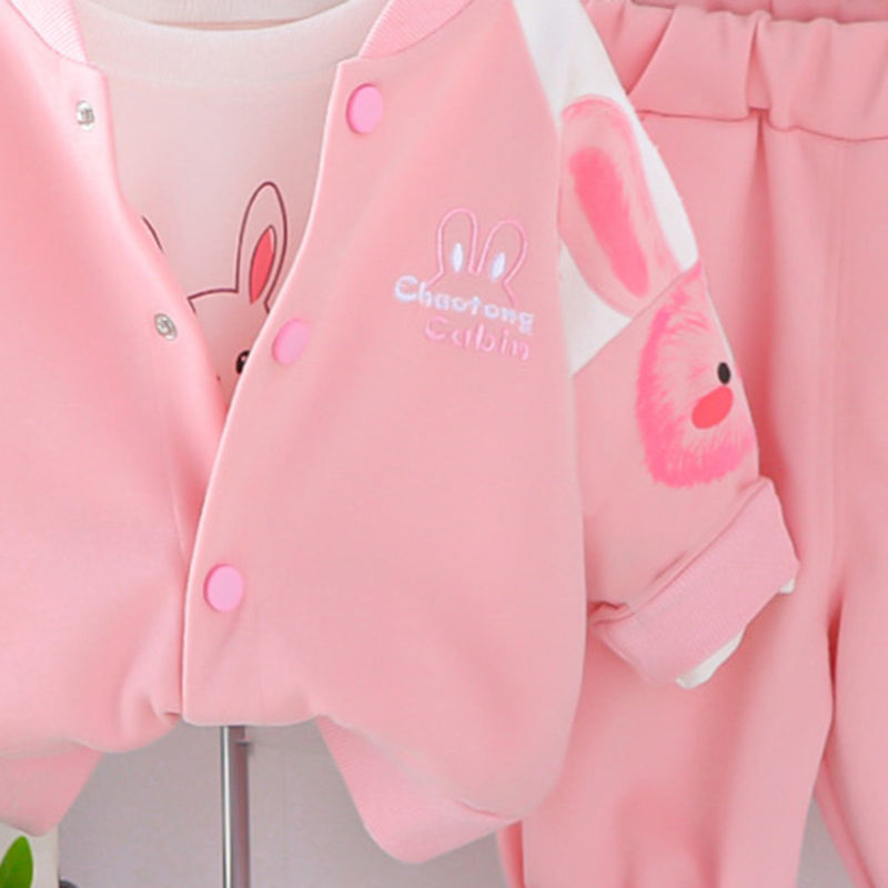 Girls Pink Rabbit Printed Long Sleeve Jacket With T-Shirt & Joggers Set Sets