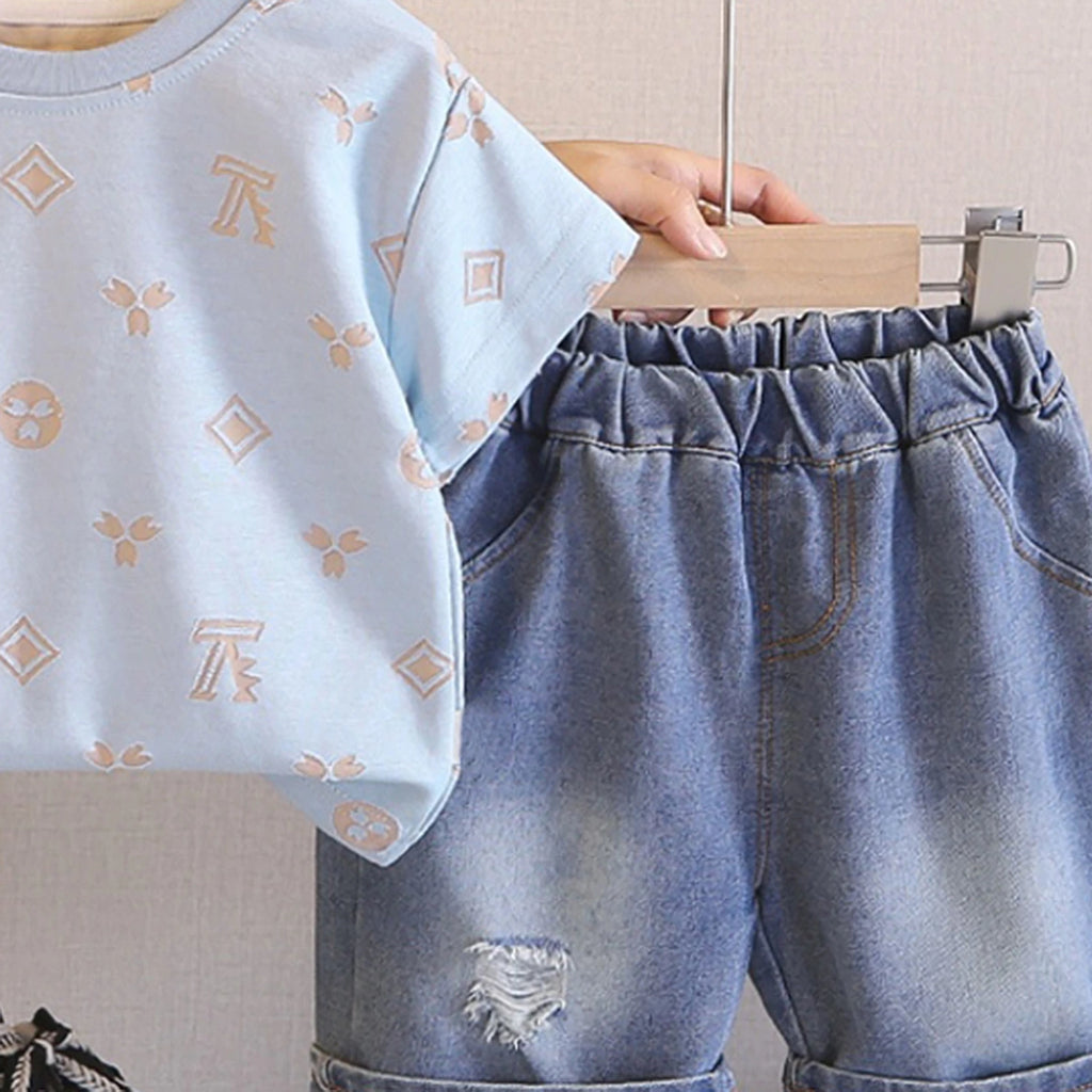 Boys Light Blue Short Sleeve Graphic T-Shirt With Denim Shorts Sets 2 pc. Sets