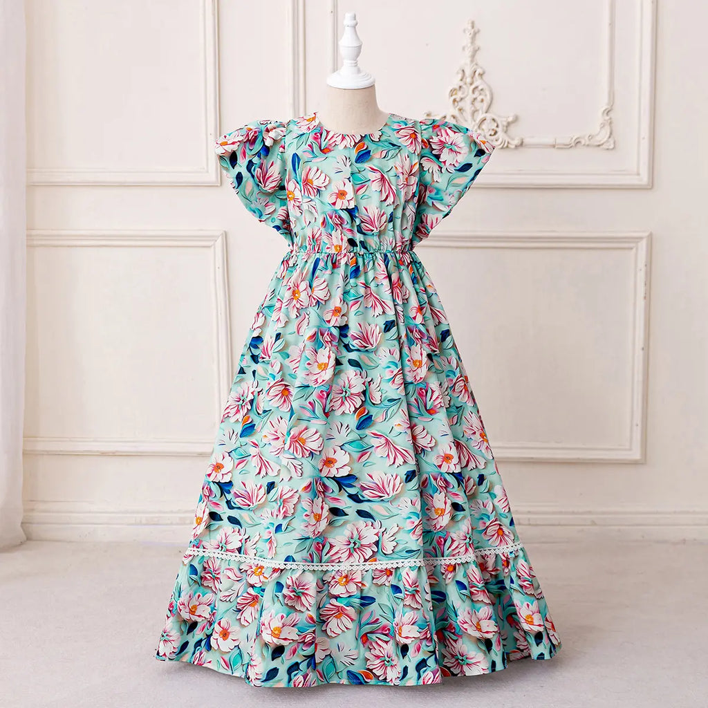Girls Blue Floral Flutter Sleeves Maxi Dress With Elasticated Waistline Casual Dresses Blue 3-4 Y