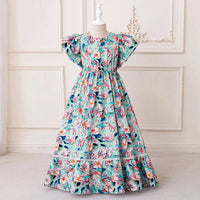 Girls Blue Floral Flutter Sleeves Maxi Dress With Elasticated Waistline Casual Dresses Blue 3-4 Y