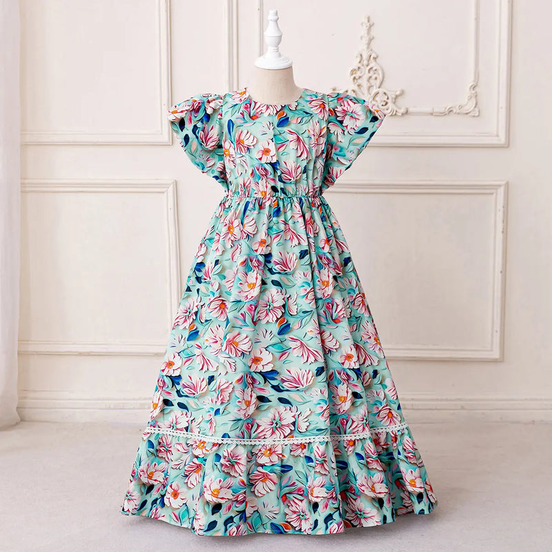 Girls Blue Floral Flutter Sleeves Maxi Dress With Elasticated Waistline Casual Dresses Blue 3-4 Y