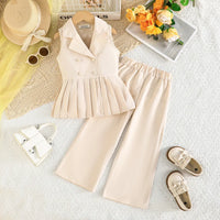 Girls Beige Sleeveless Blazer Top With Wide Leg Pants Co-ord Sets Sets Beige 2-3 Y
