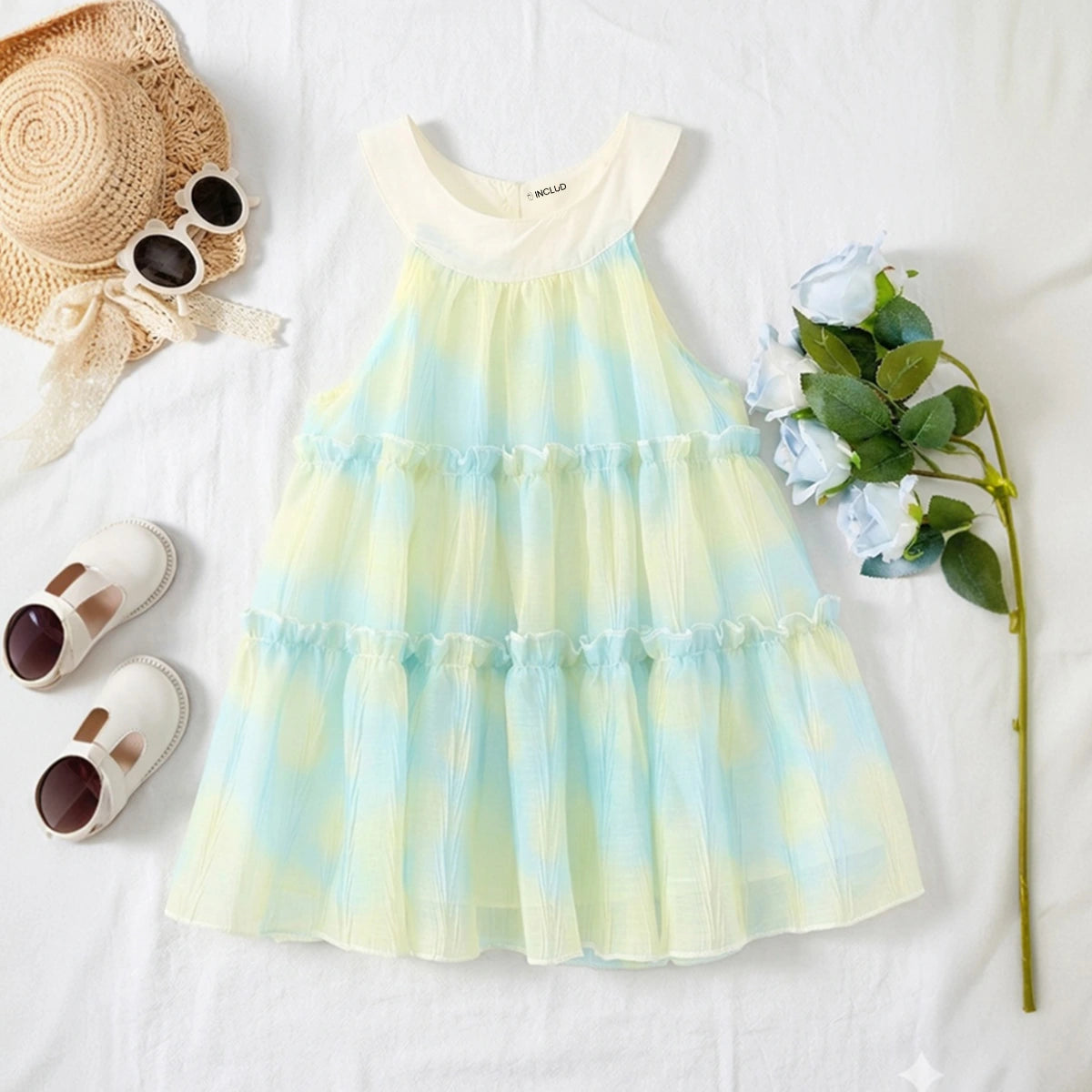Girls Blue Abstract Print Tiered Halter Neck Dress Casual Dresses