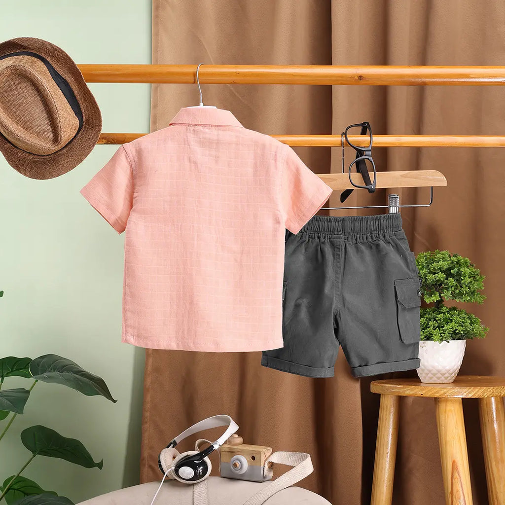 Boys Peach Checked Short Sleeves Shirt With Shorts Sets Sets