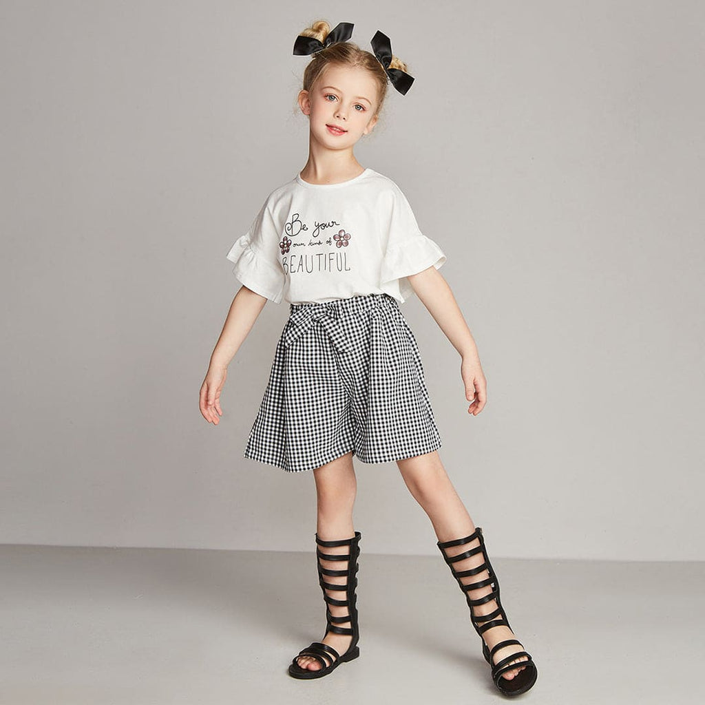 Girls Printed Top with Gingham Check Shorts Set