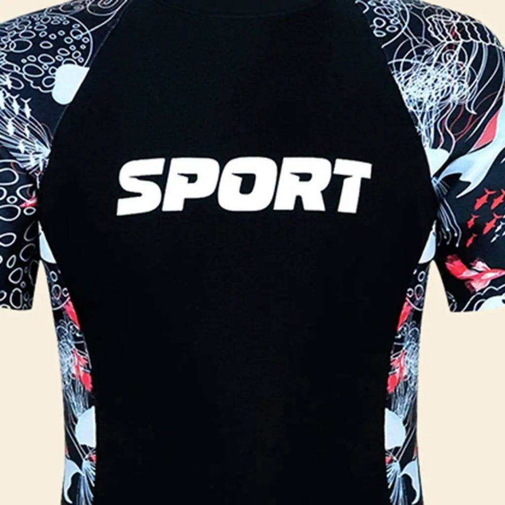 Boys Black Typographic Short Sleeves Swimwear Bodysuit Beachwear