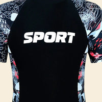 Boys Black Typographic Short Sleeves Swimwear Bodysuit Beachwear