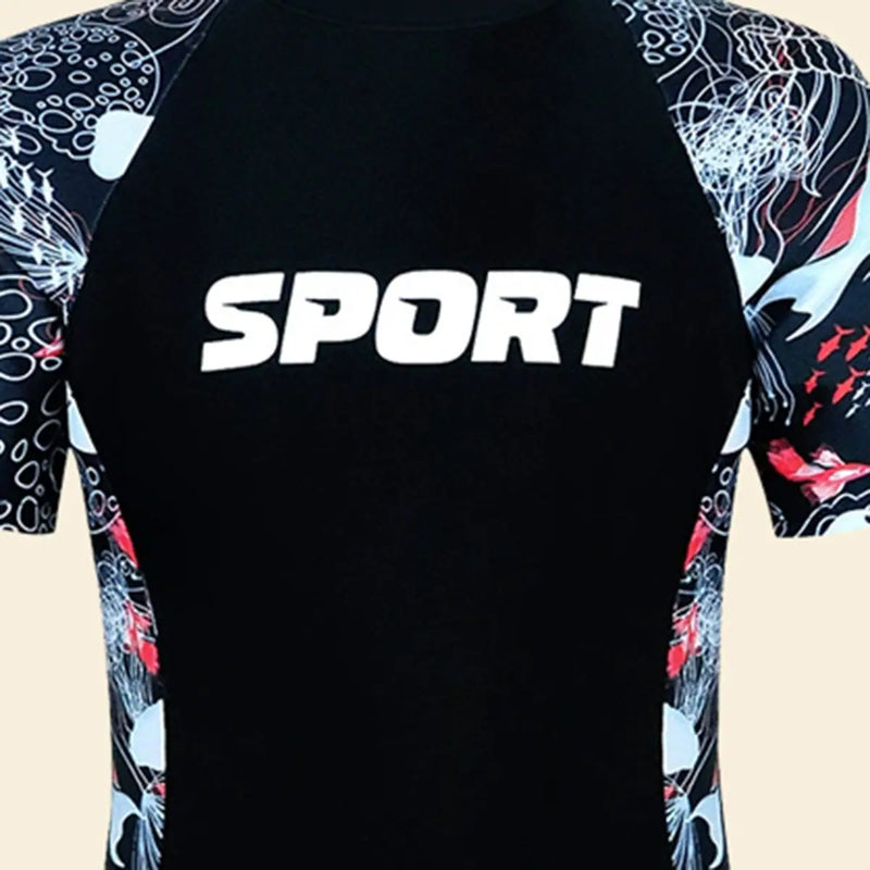 Boys Black Typographic Short Sleeves Swimwear Bodysuit Beachwear