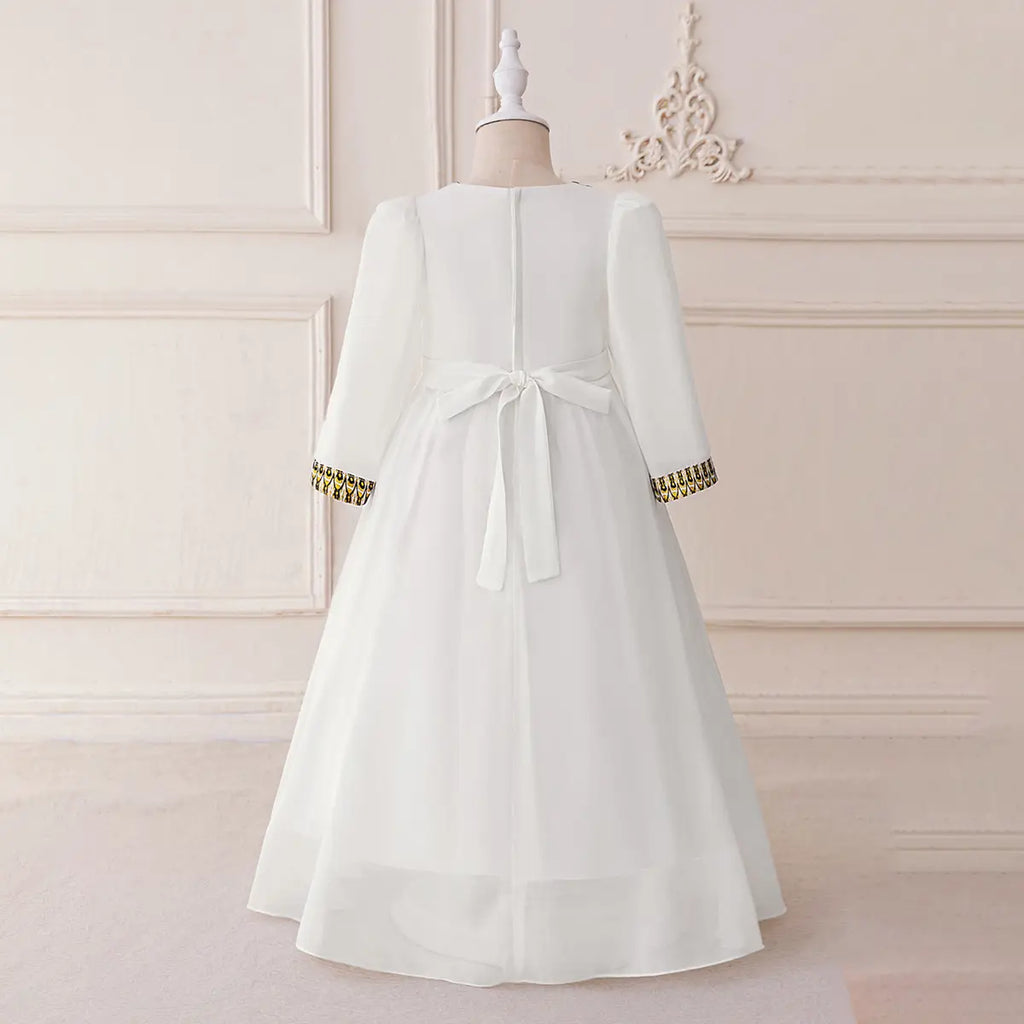 Girls White Long Sleeves Maxi Dress With Ethnic Motifs Trims Casual Dresses