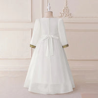Girls White Long Sleeves Maxi Dress With Ethnic Motifs Trims Casual Dresses