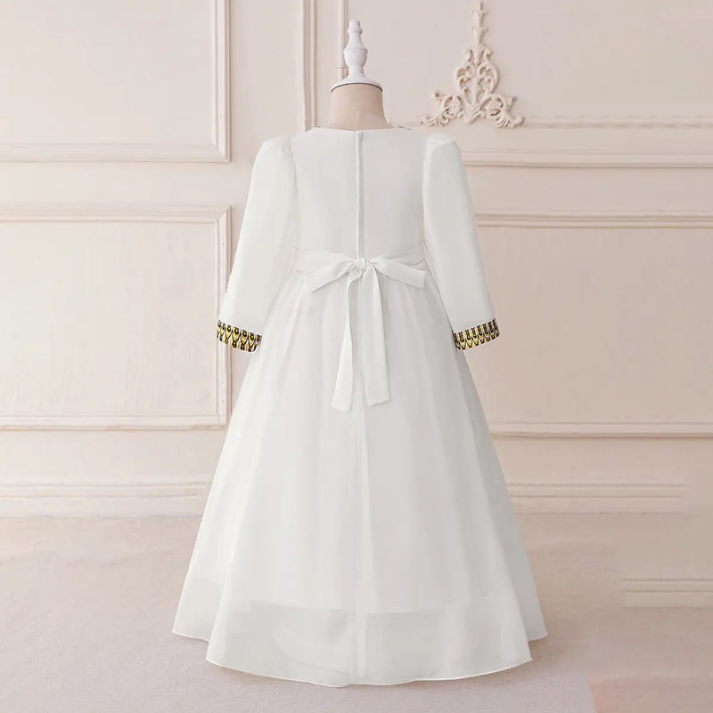 Girls White Long Sleeves Maxi Dress With Ethnic Motifs Trims Casual Dresses