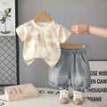 Boys Beige Typographic Printed Short Sleeve T-shirt With Denim Shorts Sets 2 pc. Sets Beige 1-2 Y