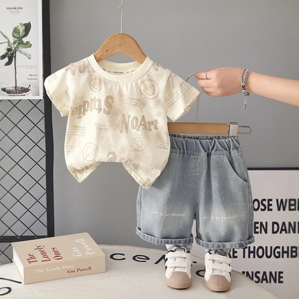 Boys Beige Typographic Printed Short Sleeve T-shirt With Denim Shorts Sets 2 pc. Sets Beige 1-2 Y