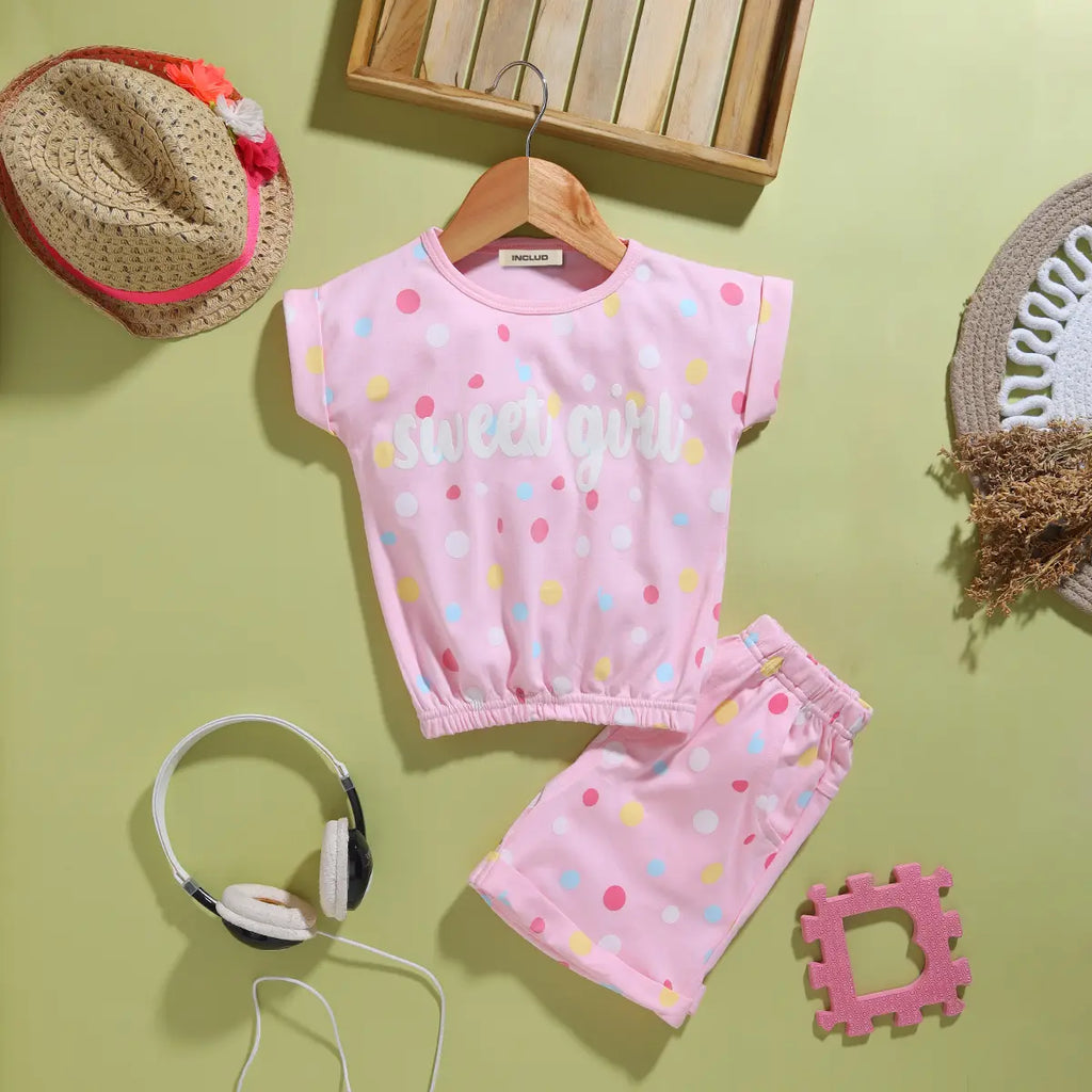 Girls Pink Polka Dot Printed Top With Shorts Co-ord Sets Sets Pink 9-12 M