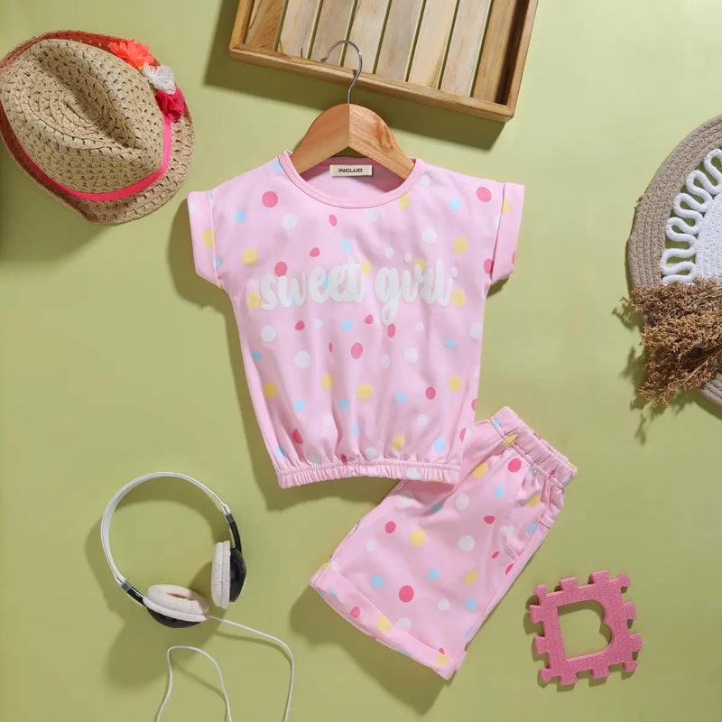 Girls Pink Polka Dot Printed Top With Shorts Co-ord Sets Sets Pink 9-12 M