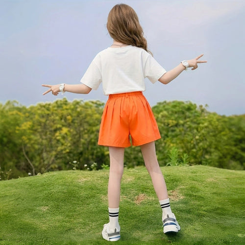 Girls Orange Floral Graphic Shorts Sets With Handbag Sets