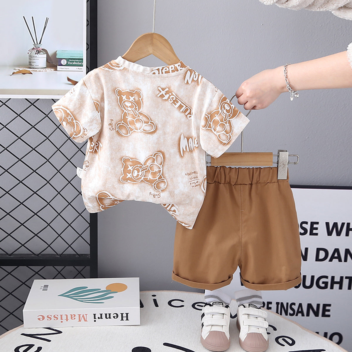 Boys Bear Printed Short Sleeves T-Shirt With Light Brown Shorts Set 2 pc. Sets