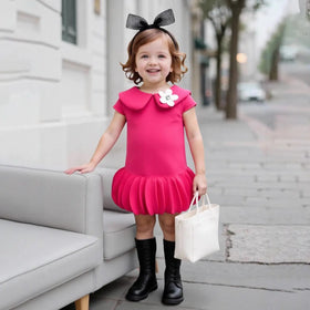Girls Fuchsia Cap Sleeves A-line Dress With Ruffled Hem Party Dresses