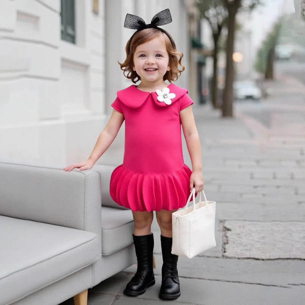Girls Fuchsia Cap Sleeves A-line Dress With Ruffled Hem Party Dresses