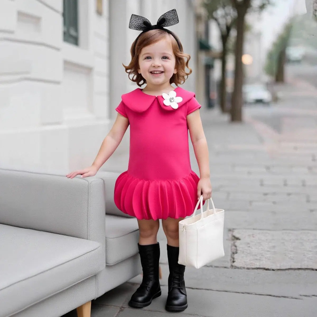 Girls Fuchsia Cap Sleeves A-line Dress With Ruffled Hem Party Dresses