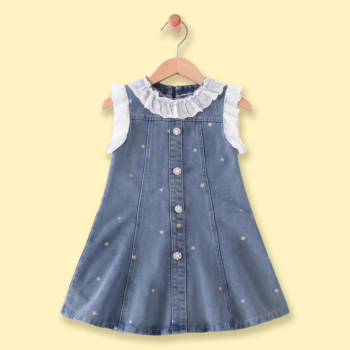 Girls Blue Star Print Short Sleeve Denim Dress Casual Dresses Blue 1-2 Y