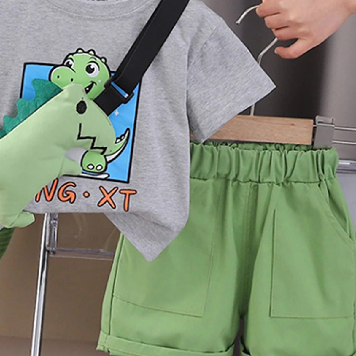Boys Light Grey Dinosaur Graphic Short Sleeve T-Shirt With Shorts Sets 2 pc. Sets
