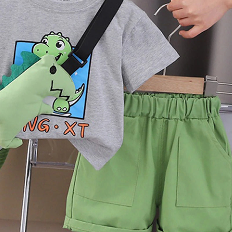 Boys Light Grey Dinosaur Graphic Short Sleeve T-Shirt With Shorts Sets 2 pc. Sets
